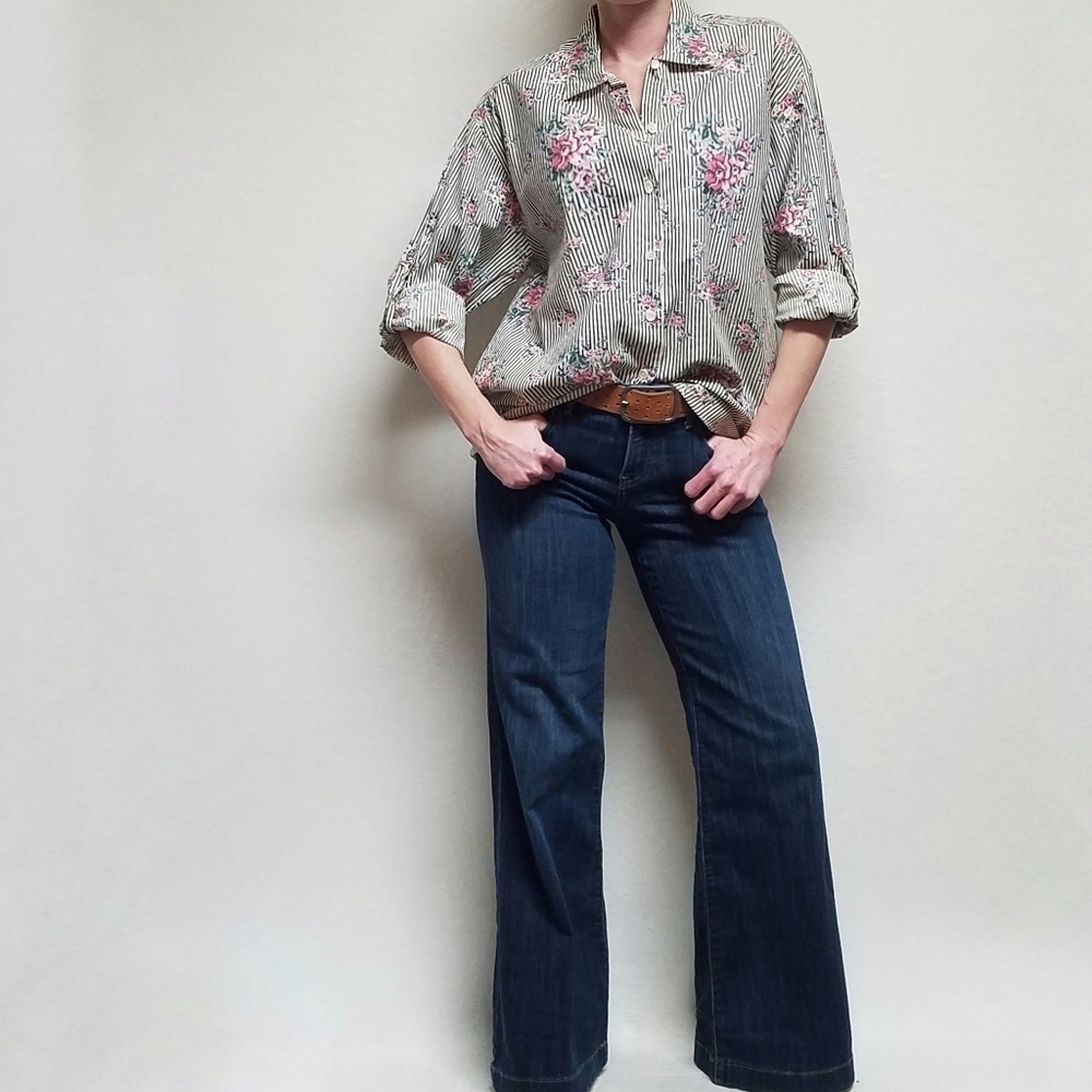 Casey & Max Vintage 80s Mixed Media Floral Striped Hi-low Button Up Blouse L - Picture 2 of 15